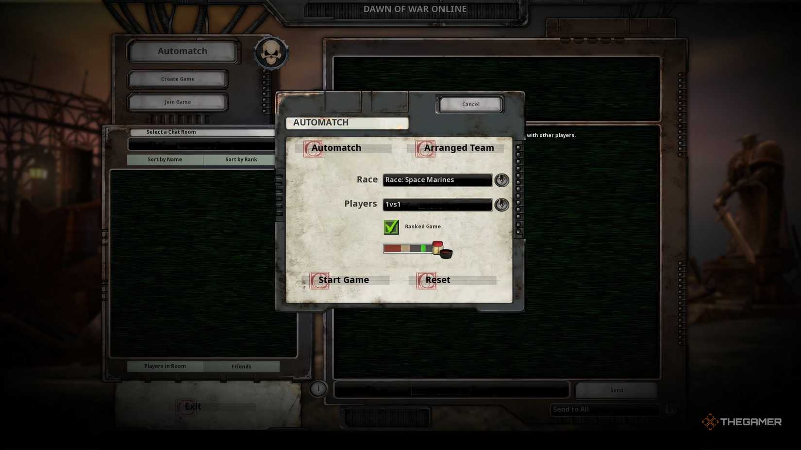 The player selecting their parameters in the Automatch window in Warhammer 40K: Dawn of War - Definitive Edition.