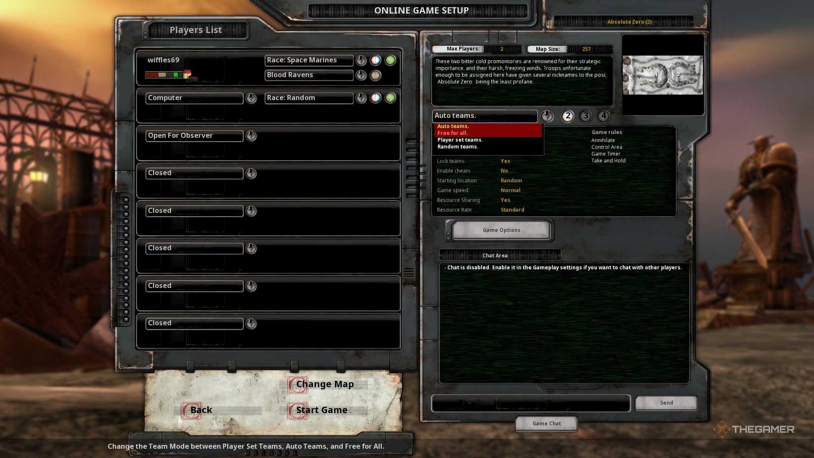 The player selecting free for all in the auto teams list on the right of the Online Game Setup screen in Warhammer 40K: Dawn of War - Definitive Edition.