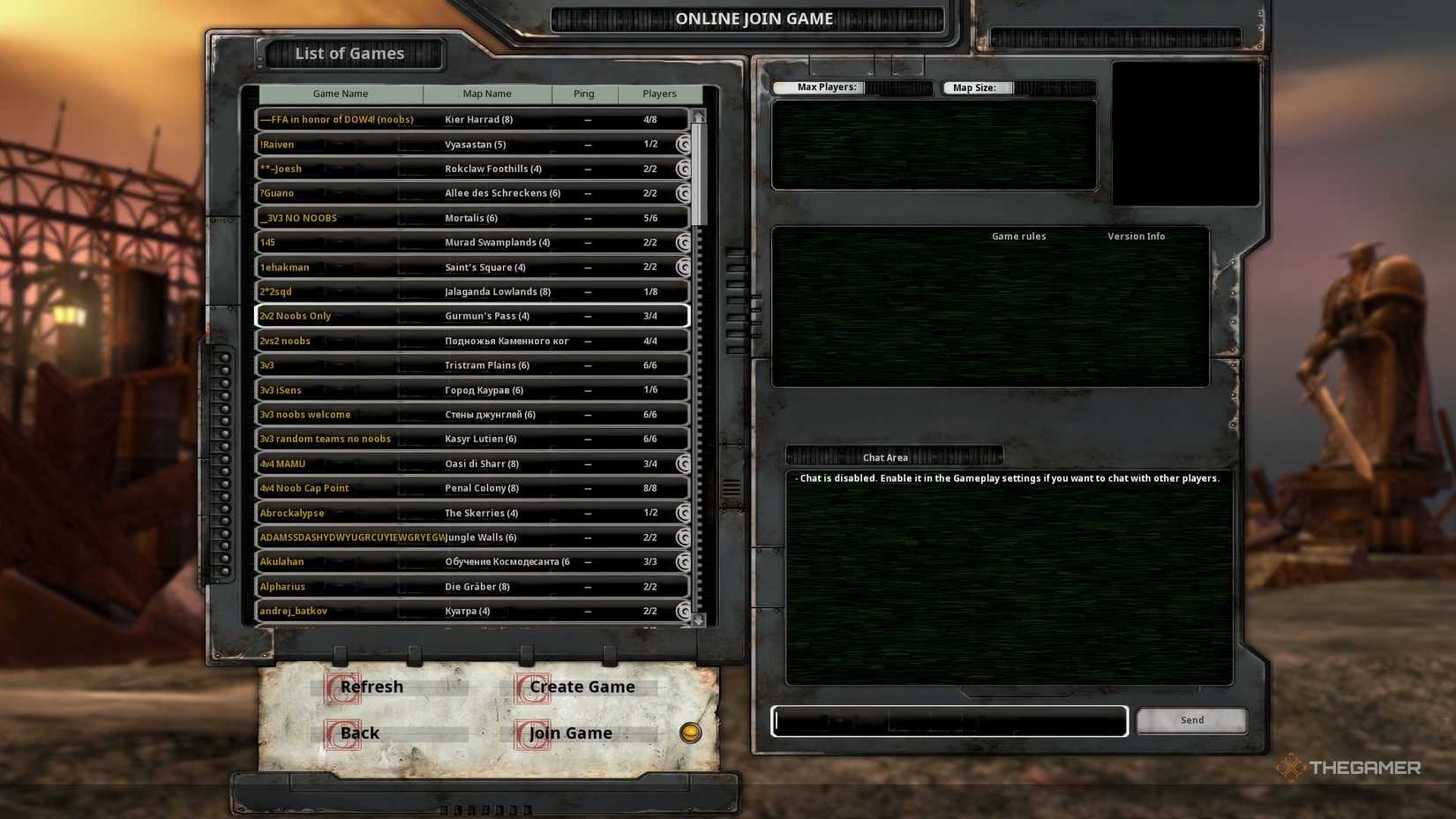 The list of all multiplayer games in Warhammer 40K: Dawn of War - Definitive Edition displayed on the left of the menu. 