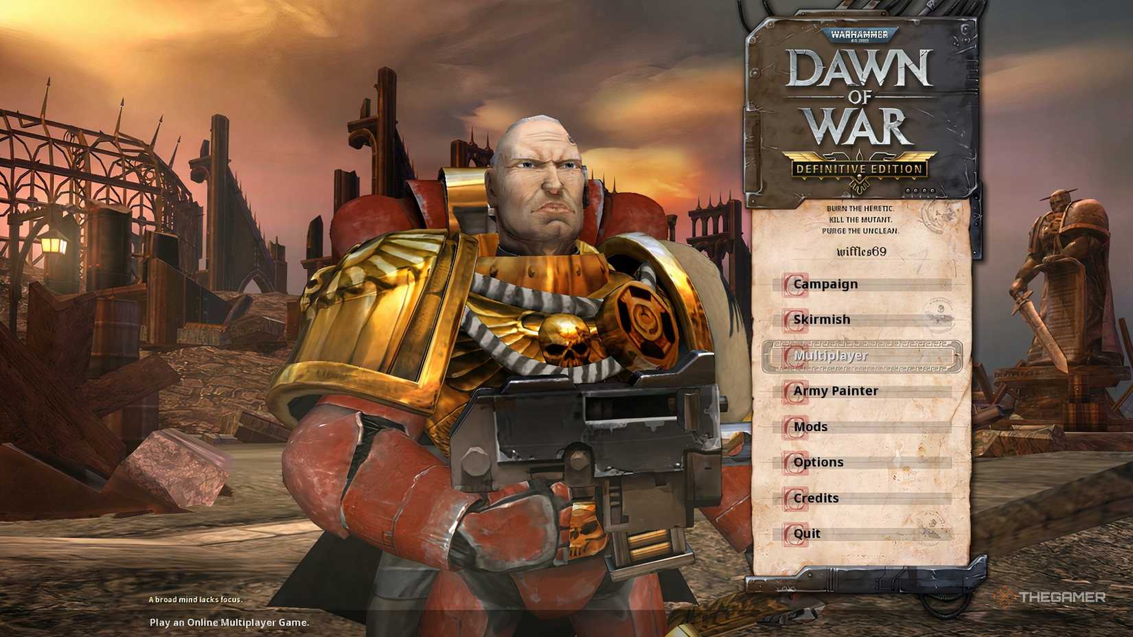 The player selecting the multiplayer option on the Warhammer 40K: Dawn of War - Definitive Edition's main menu. 