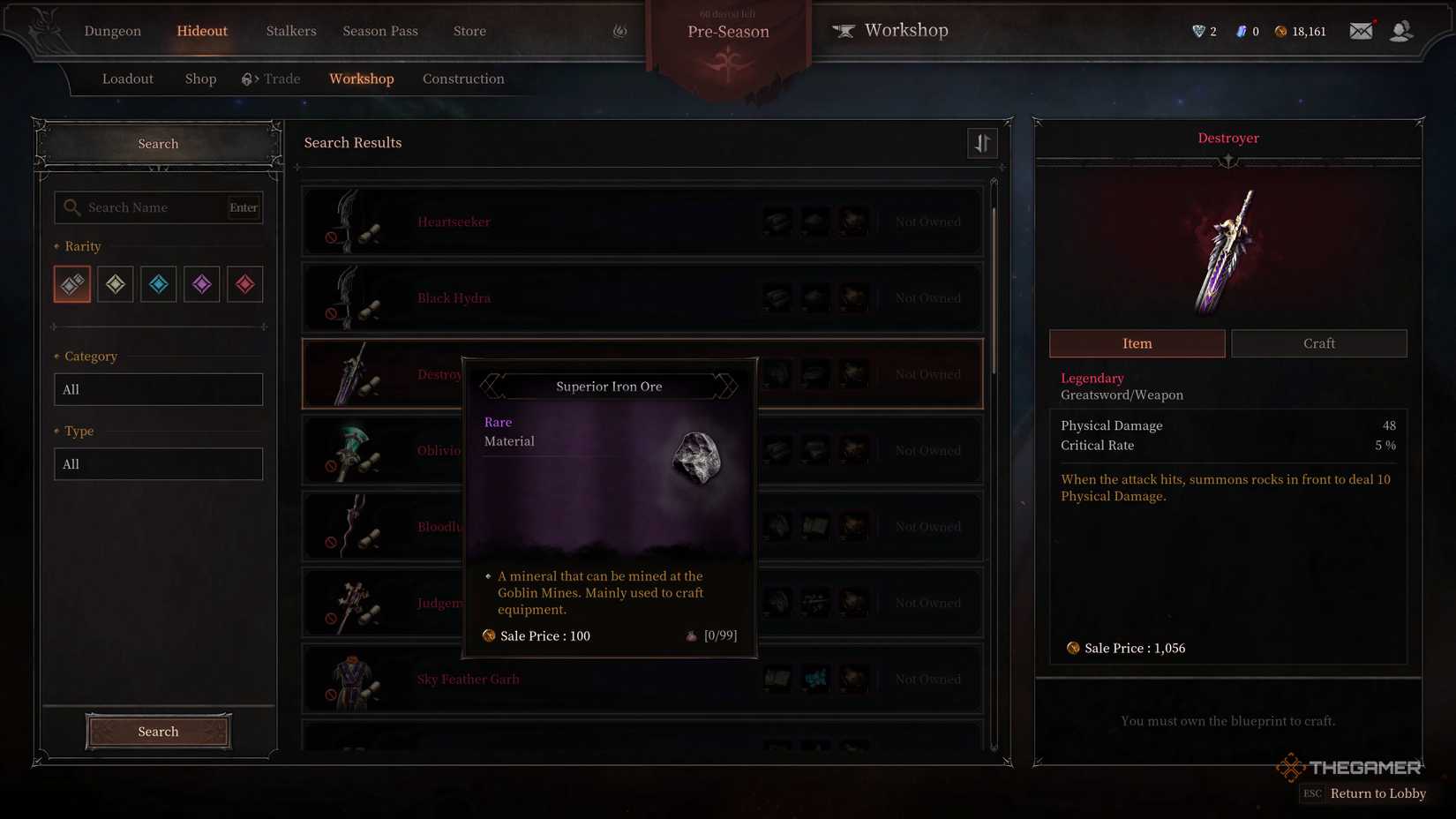 Workshop Tab with craftable weapons highlighting a pink named legendary weapon called the Destroyer.