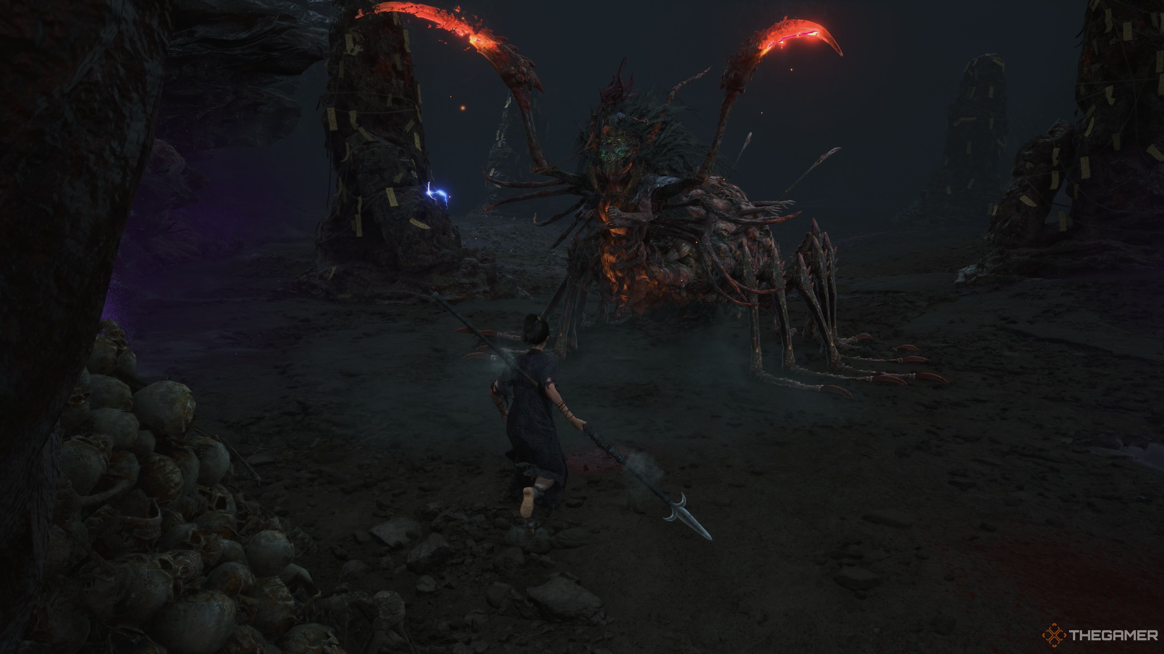 Bai Wuchang sprinting toward the Blightweaver - Great Centipede boss with her Steampowered Spear in hand in Wuchang: Fallen Feathers.