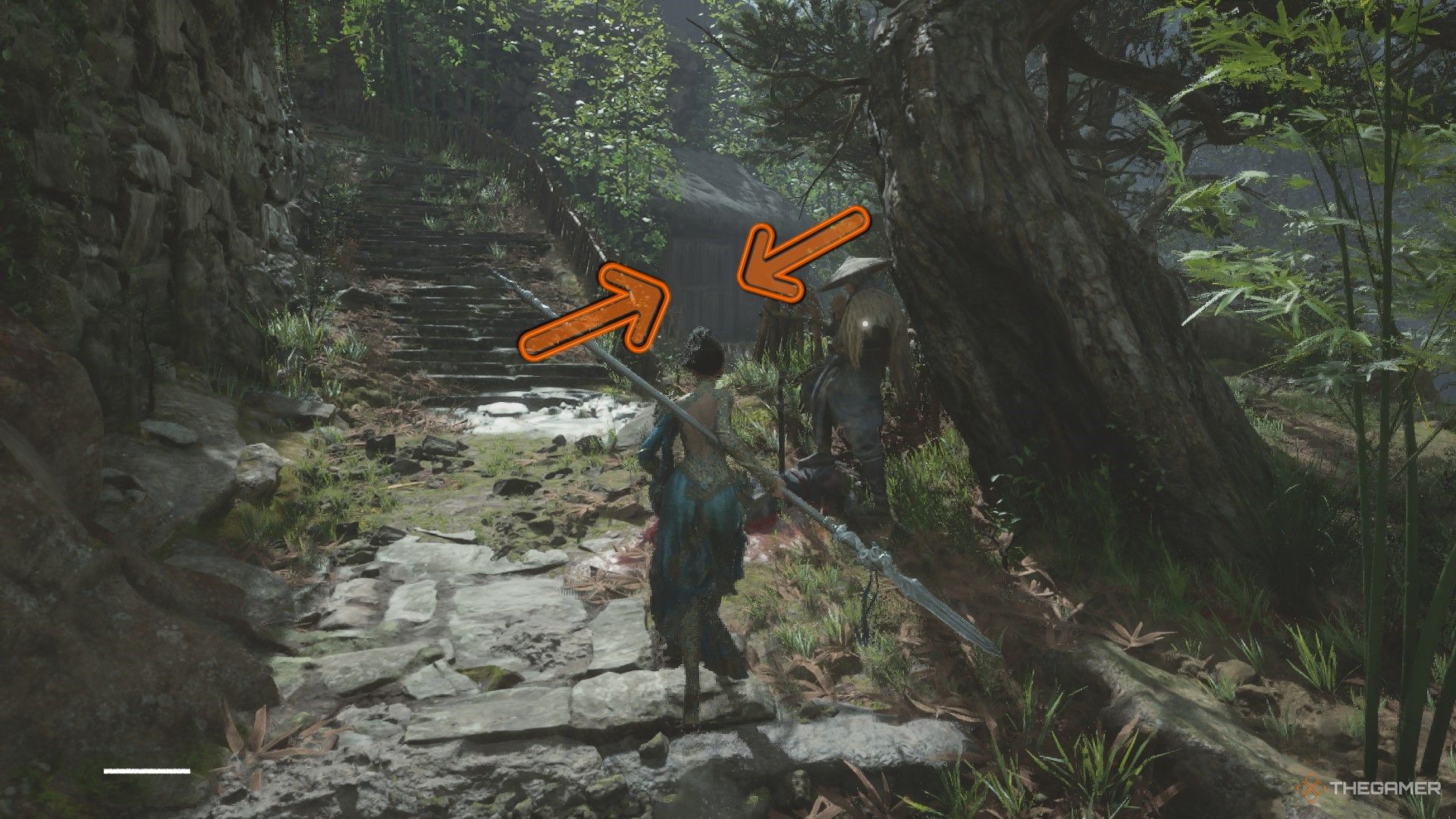 Arrows point to the door to the house of the Child in the Jar in Wuchang: Fallen Feathers.