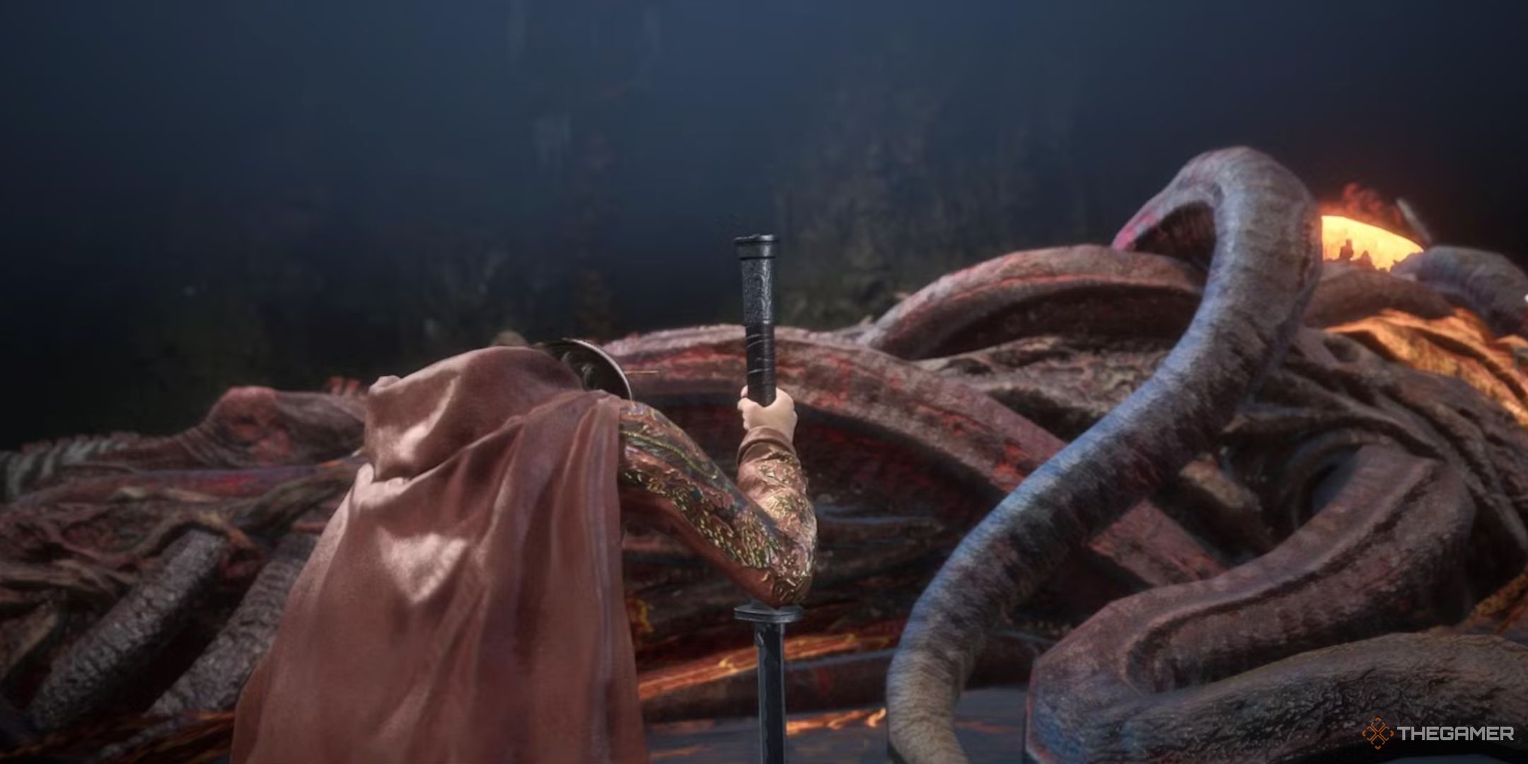 Wuchang kneeling in front of the dead Dragon Emperor.