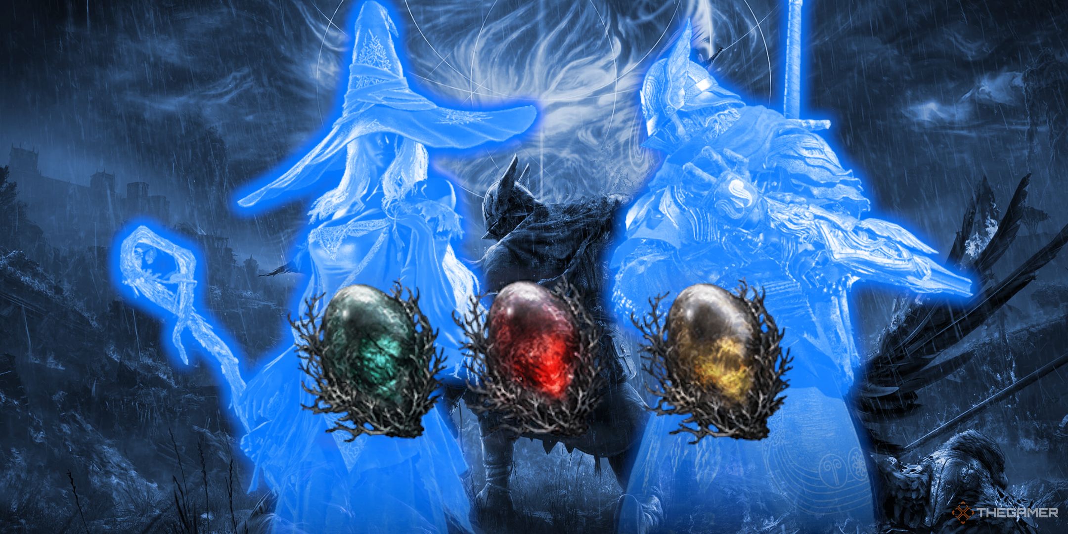 Wylder and Recluse colorized blue with three relics in front of them.