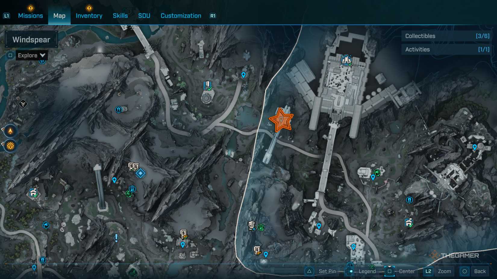 Close up of a map of the northern part of Terminus Range with an orange star edited onto Shadowed Reverie in Borderlands 4.