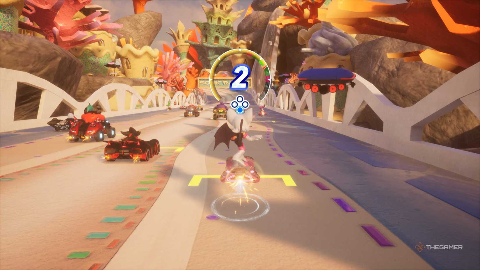 A racer in Sonic Racing: CrossWorlds trying to get a starting boost.