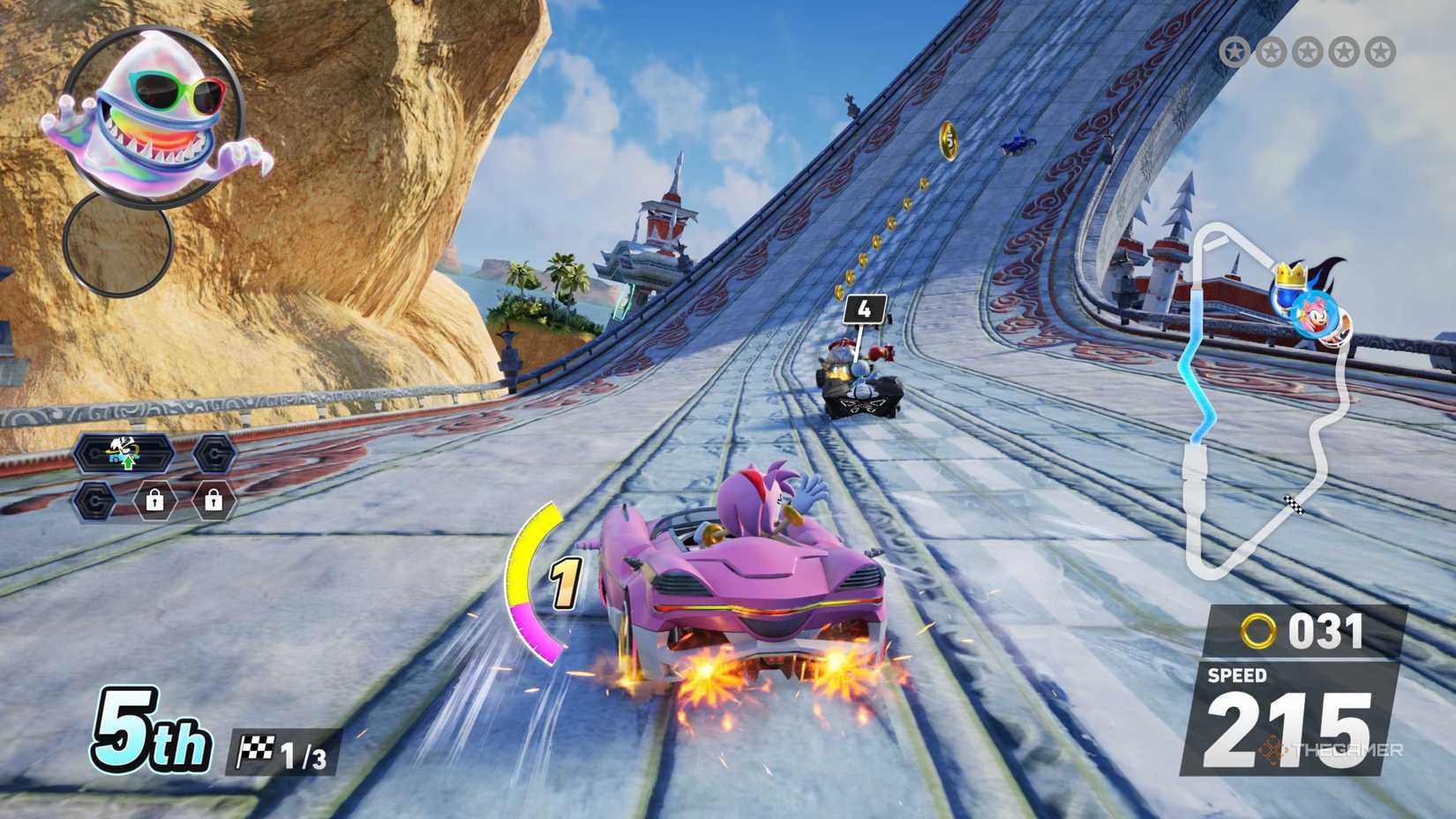 Amy power-sliding in Sonic Racing: Crossworlds.