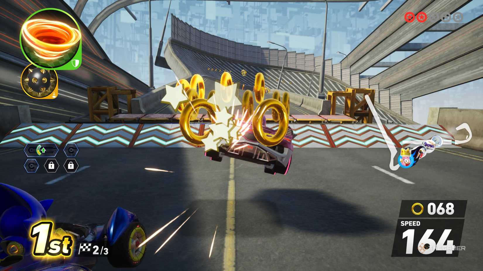 Being attacked and losing rings in Sonic Racing: CrossWorlds.