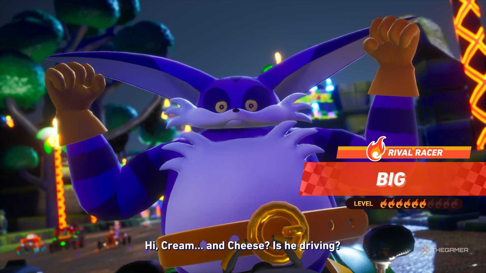 Big the Cat in Sonic Racing: CrossWorlds. The screen shows that he is a rival character on a high difficulty.