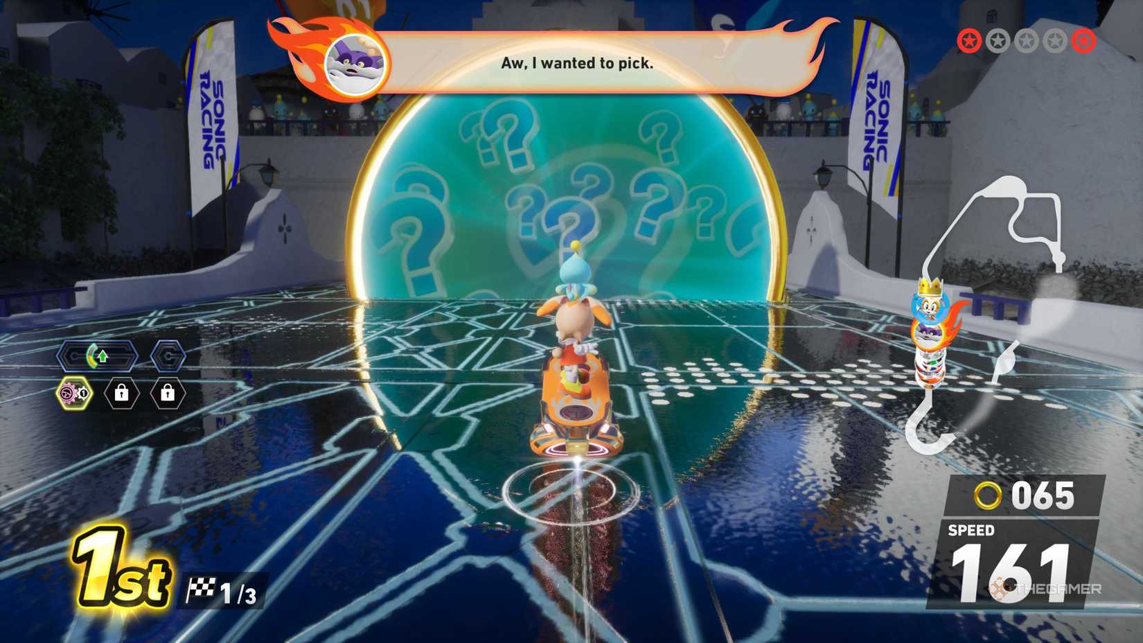 Going through a portal to another course in Sonic Racing: CrossWorlds.