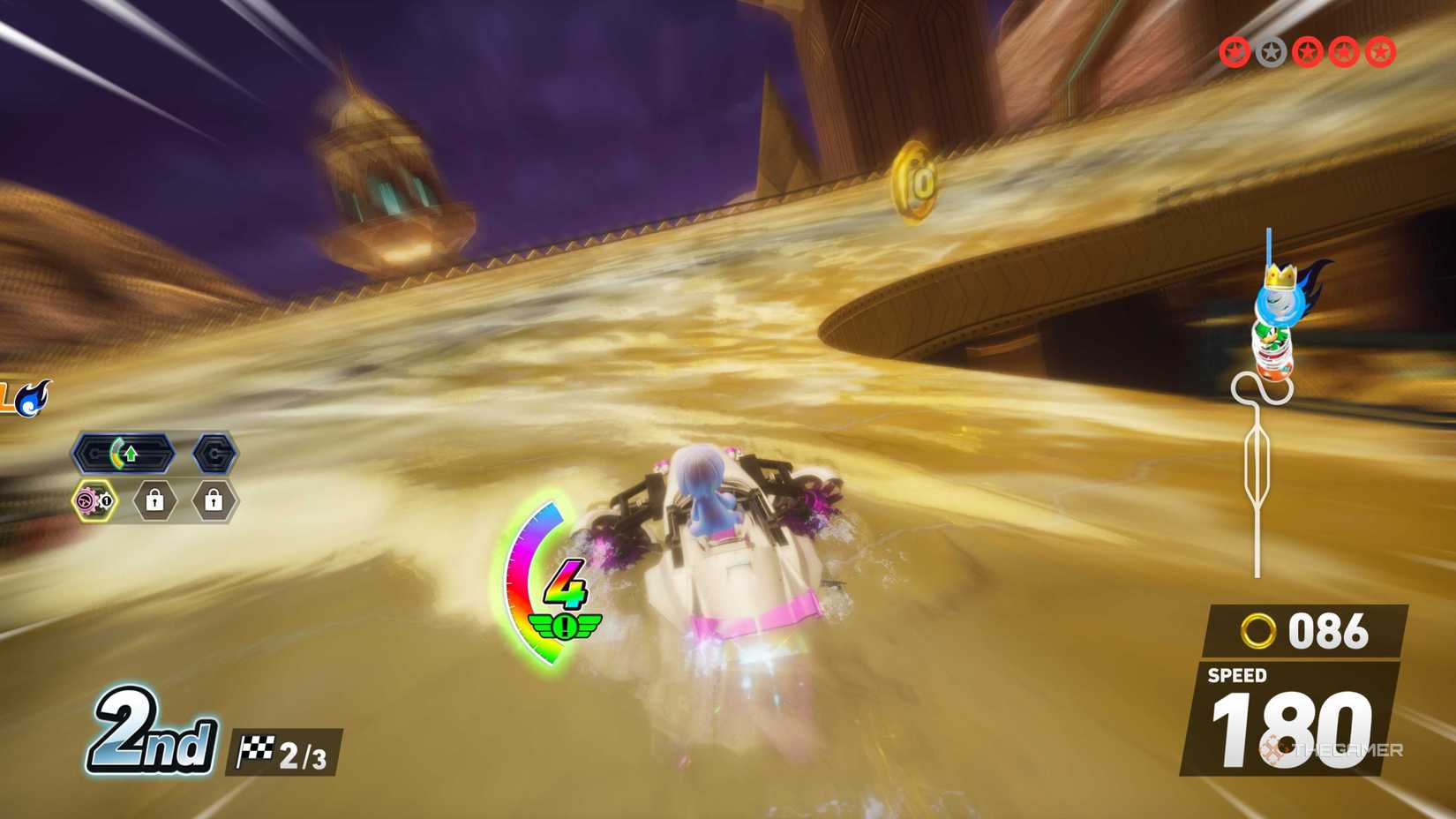 Using a water-based vehicle in Sonic Racing: CrossWorlds while power sliding. 