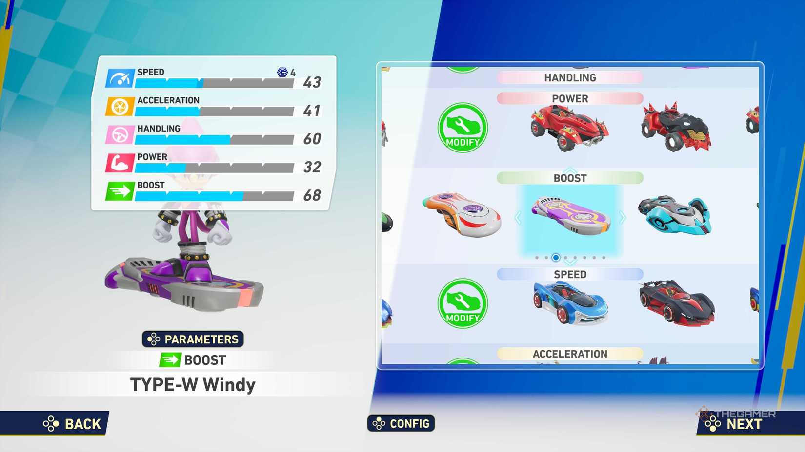 The vehicle select screen in Sonic Racing: CrossWorlds, showing Espio's stats.