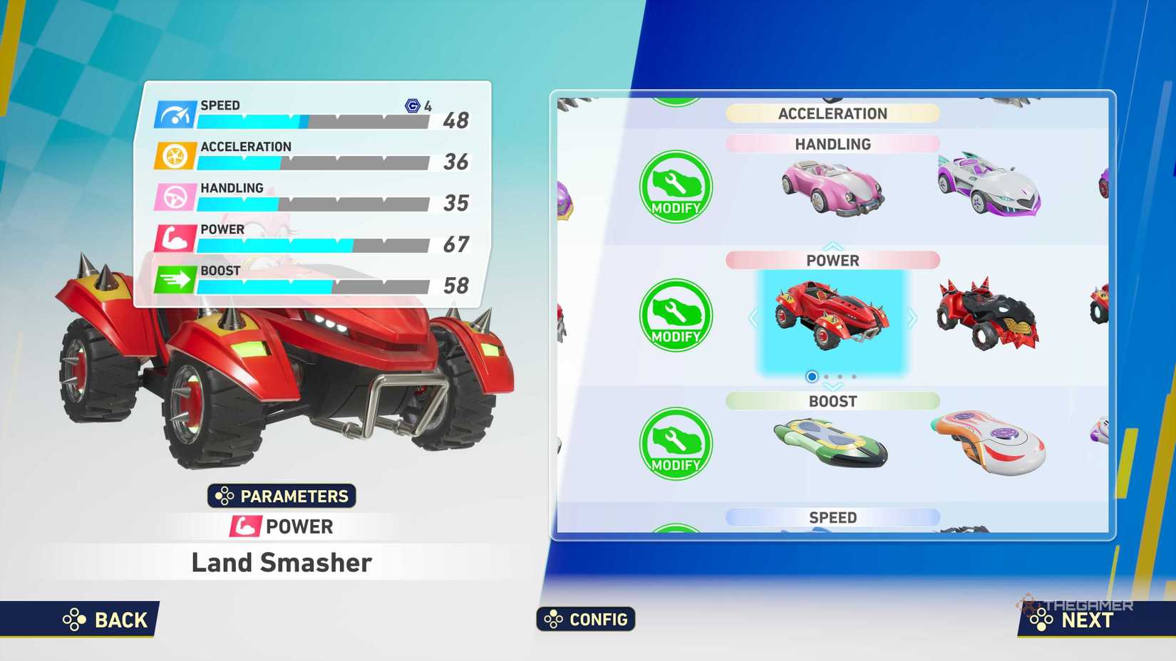 Choosing a vehicle in the Sonic Racing: CrossWorlds character select screen.