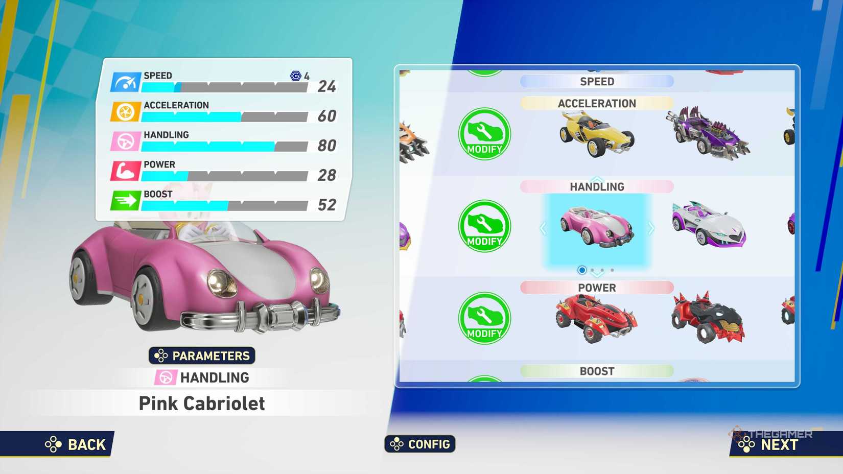 The vehicle select screen in Sonic Racing: CrossWorlds, showing Amy's stats.