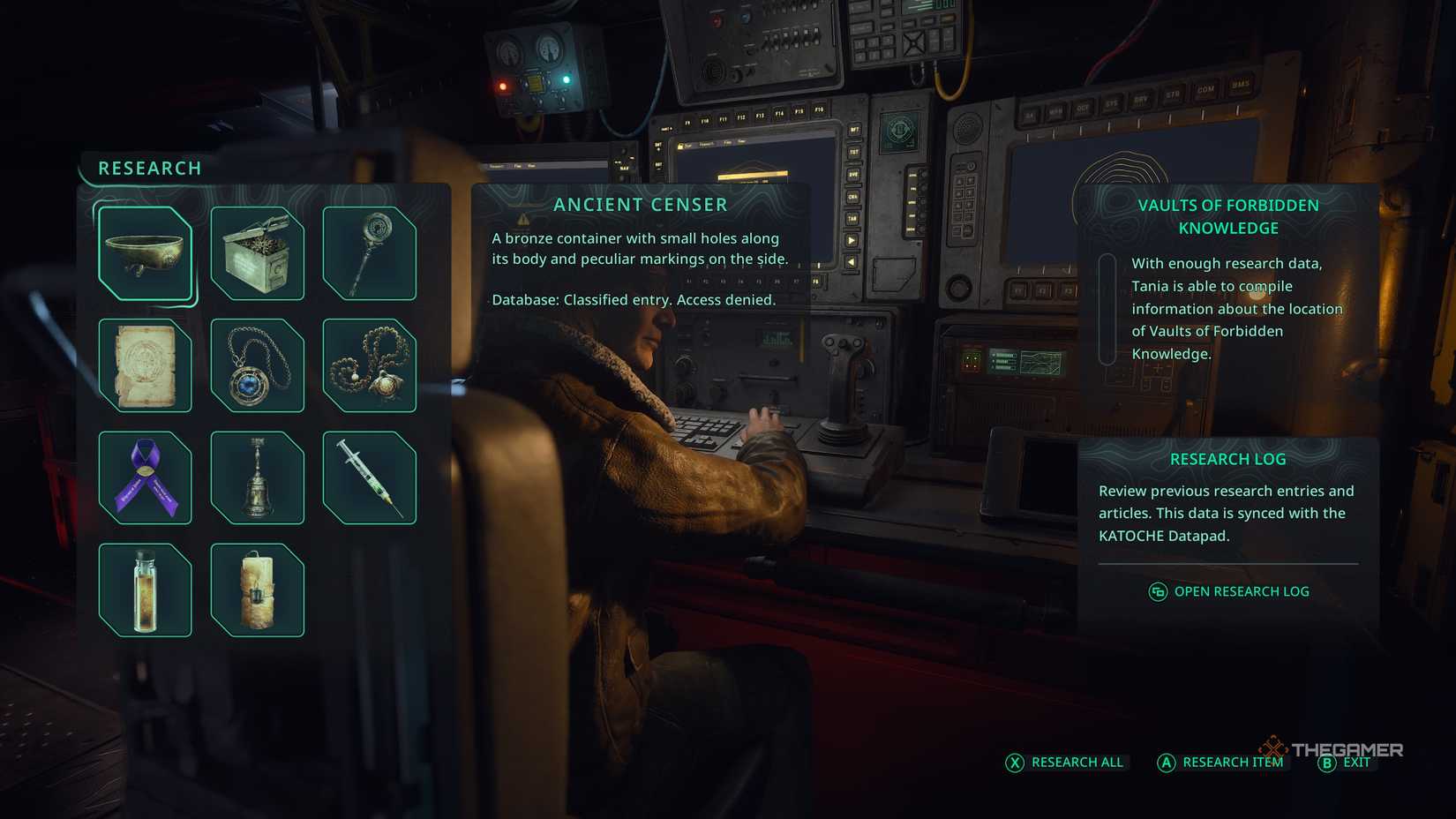The research menu with many items to examine in Hell Is Us.