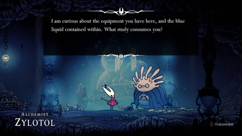 Hornet asks the Alchemist Zylotol about his experiments in Hollow Knight: Silksong.