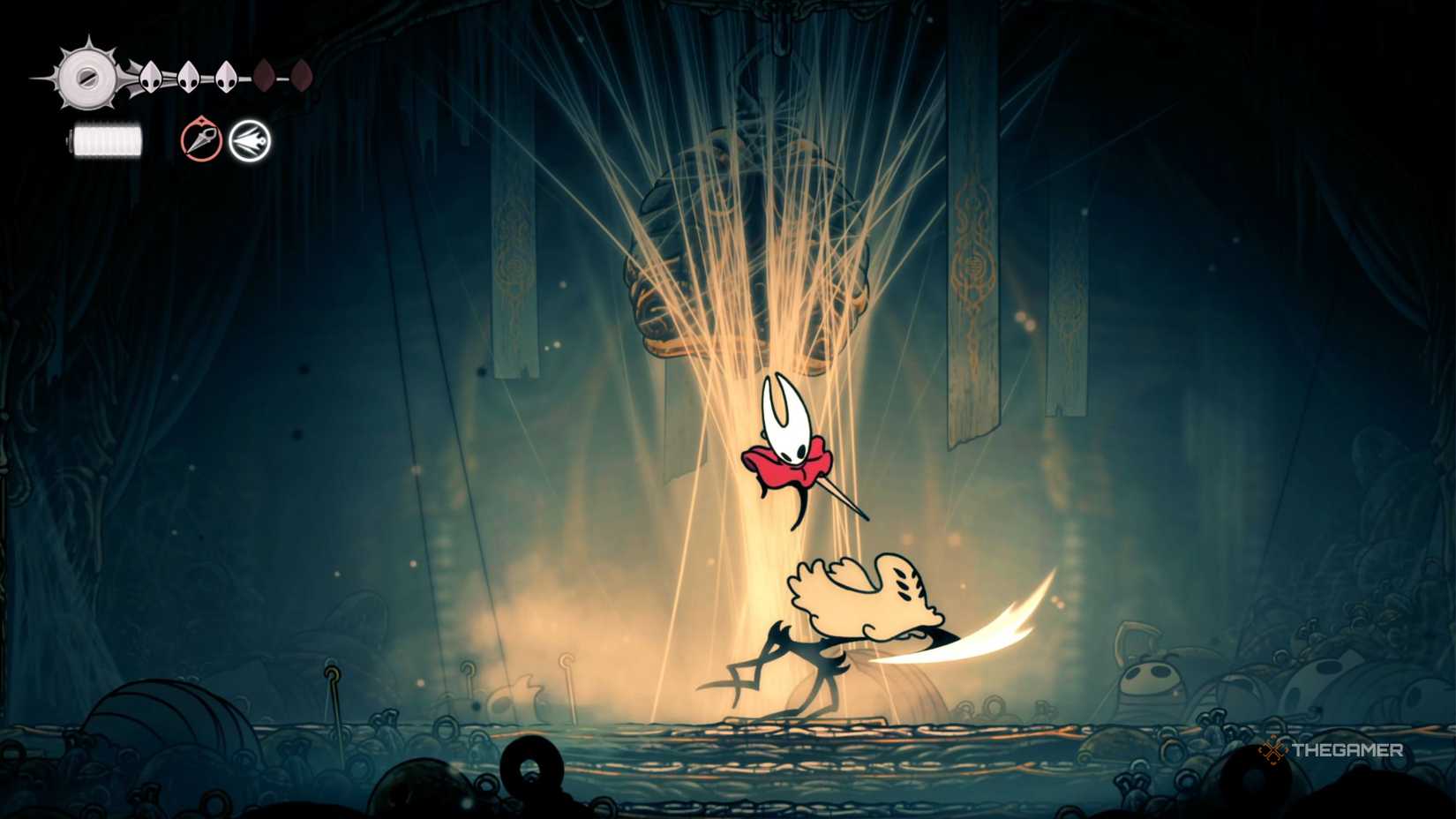 Hollow Knight Silksong widow phase one attacks.