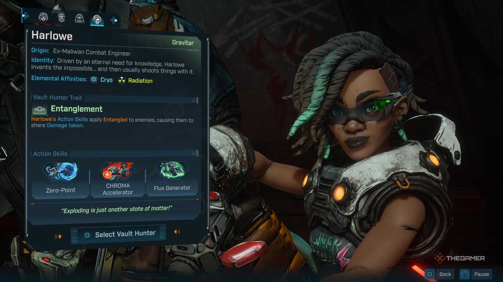 the character select screen breaks down harlowe's gravitar powers in borderlands 4.