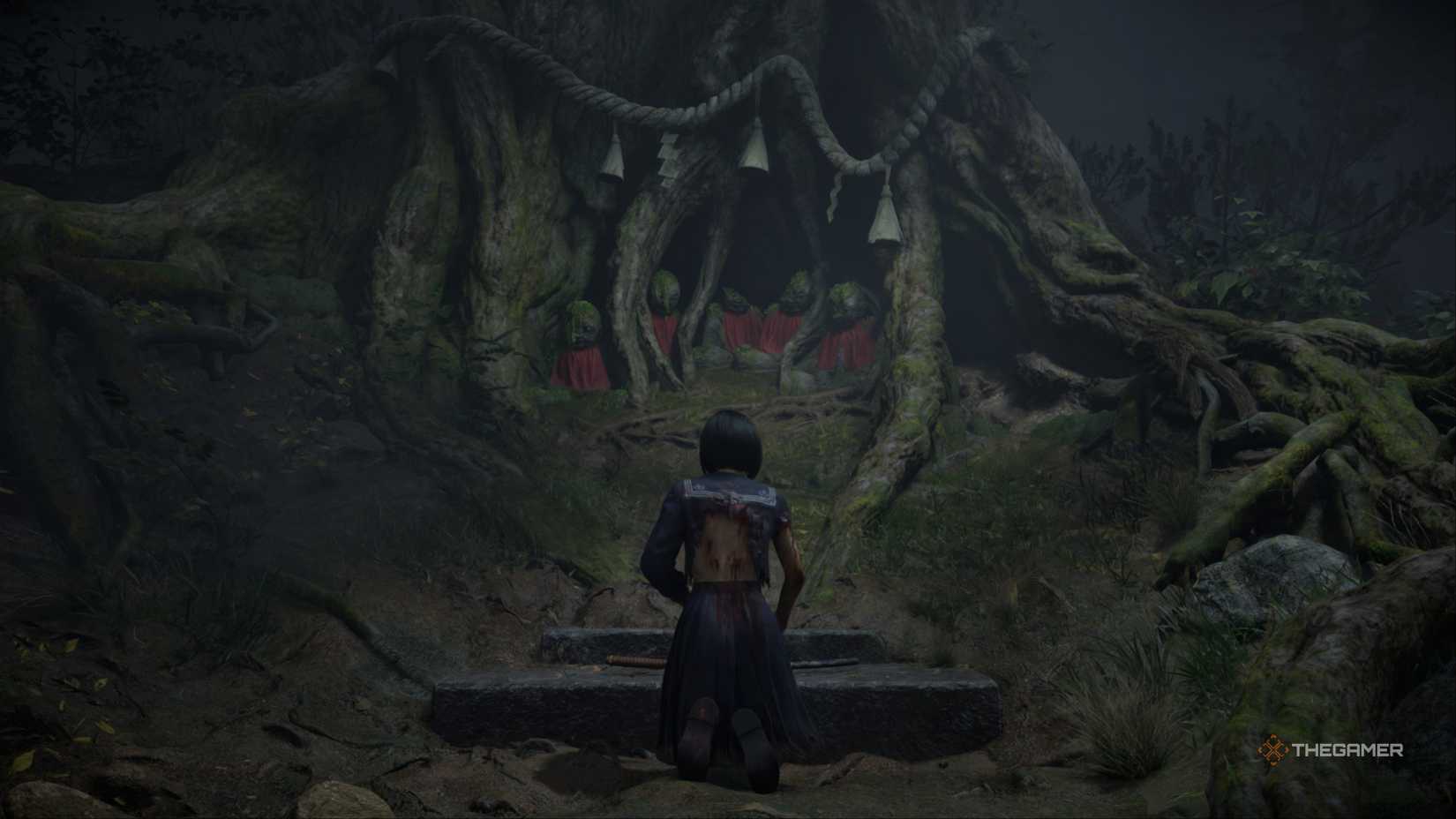 Hinako kneeling by the cedar tree, the jizo statues, and the sacred sword in silent hill f.