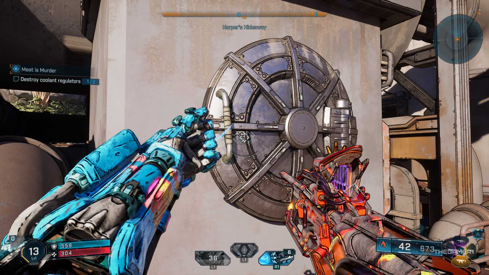 Amon using the Grapple to pull the door off a large tankard behind Harper's Hideaway in Borderlands 4.