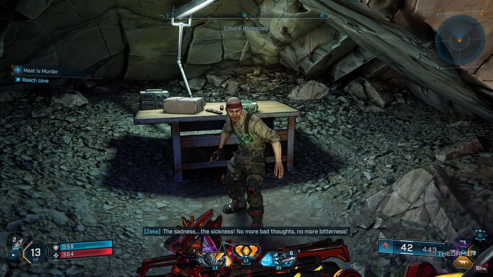 Amon meeting a crazed man named Zeke in a cave behind a waterfall in Borderlands 4.