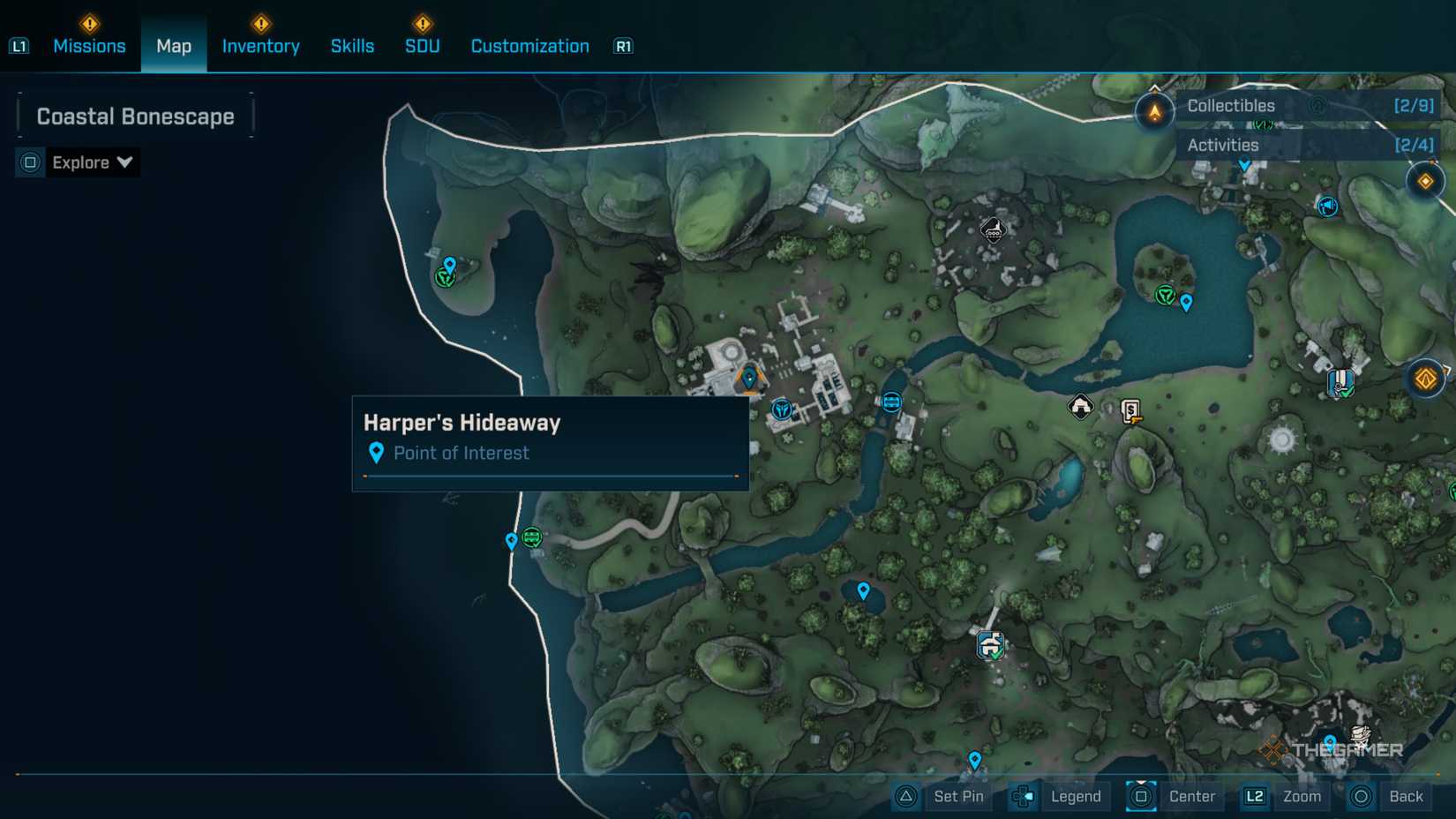 Close up of the southwestern edge of Kairos' map with the focus on Harper's Hideaway near a river in Borderlands 4.