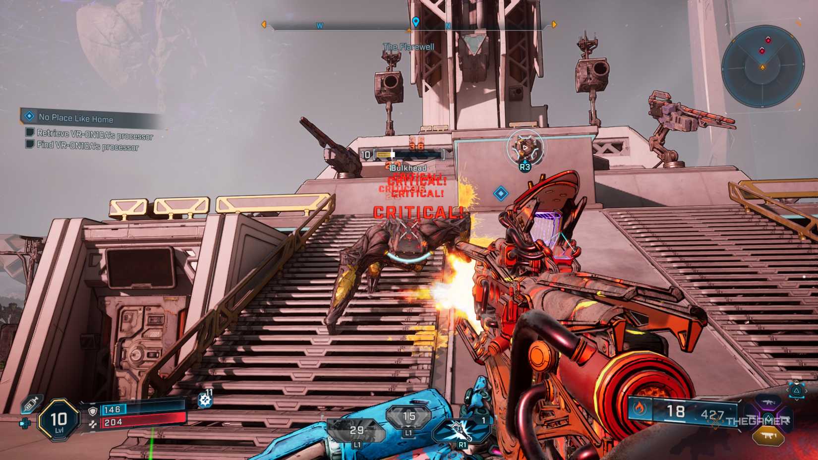 Amon firing at a Bulkhead enemy with an SMG while it goes down a staircase at the Flarewell base in Borderlands 4.
