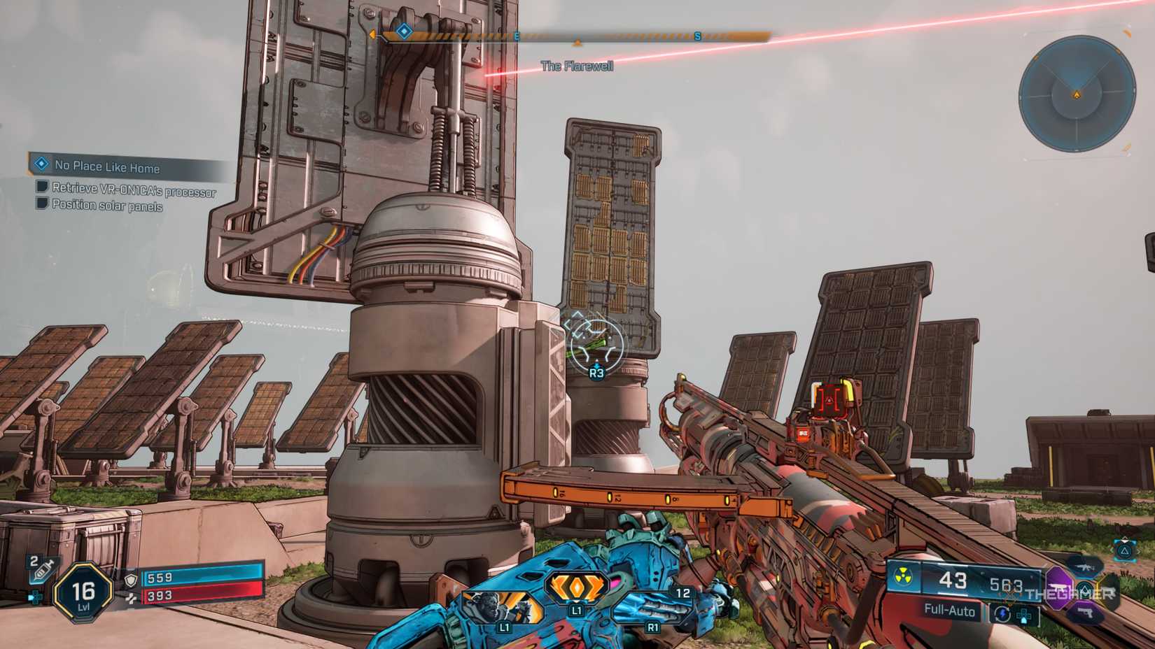 Amon facing a larger solar panel that has a grapple interaction point on a lever in Borderlands 4.