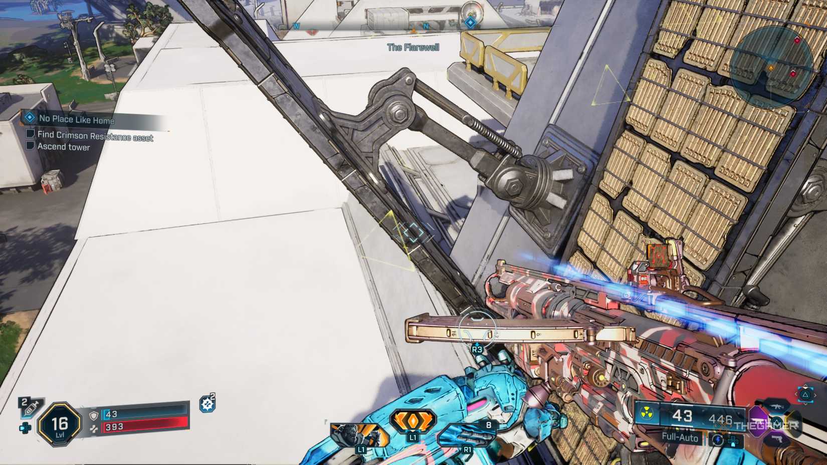 Amon using his grapple to manipulate a solar panel and make it into a useable platform in Borderlands 4.