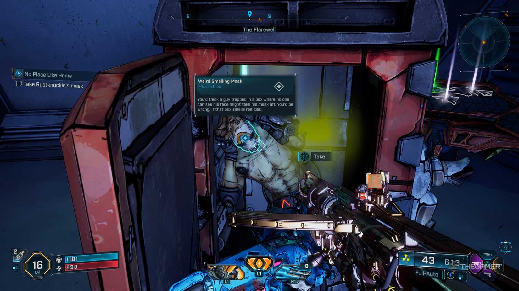 Amon retrieving a mask off of the corpse of a psycho named Rustknuckle in Borderlands 4.