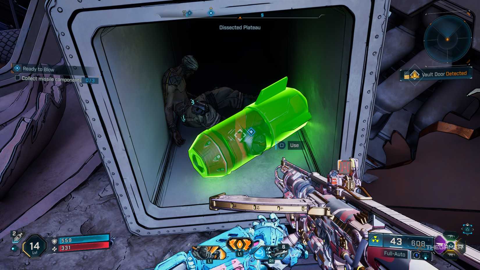 Amon looking at a highlighted missile component that's inside a large ventilation shaft in Borderlands 4.