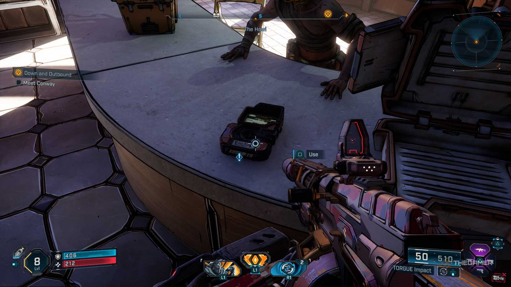 Amon standing next to a counter in The Launchpad with a echo device with a side mission exclamation near it in Borderlands 4.