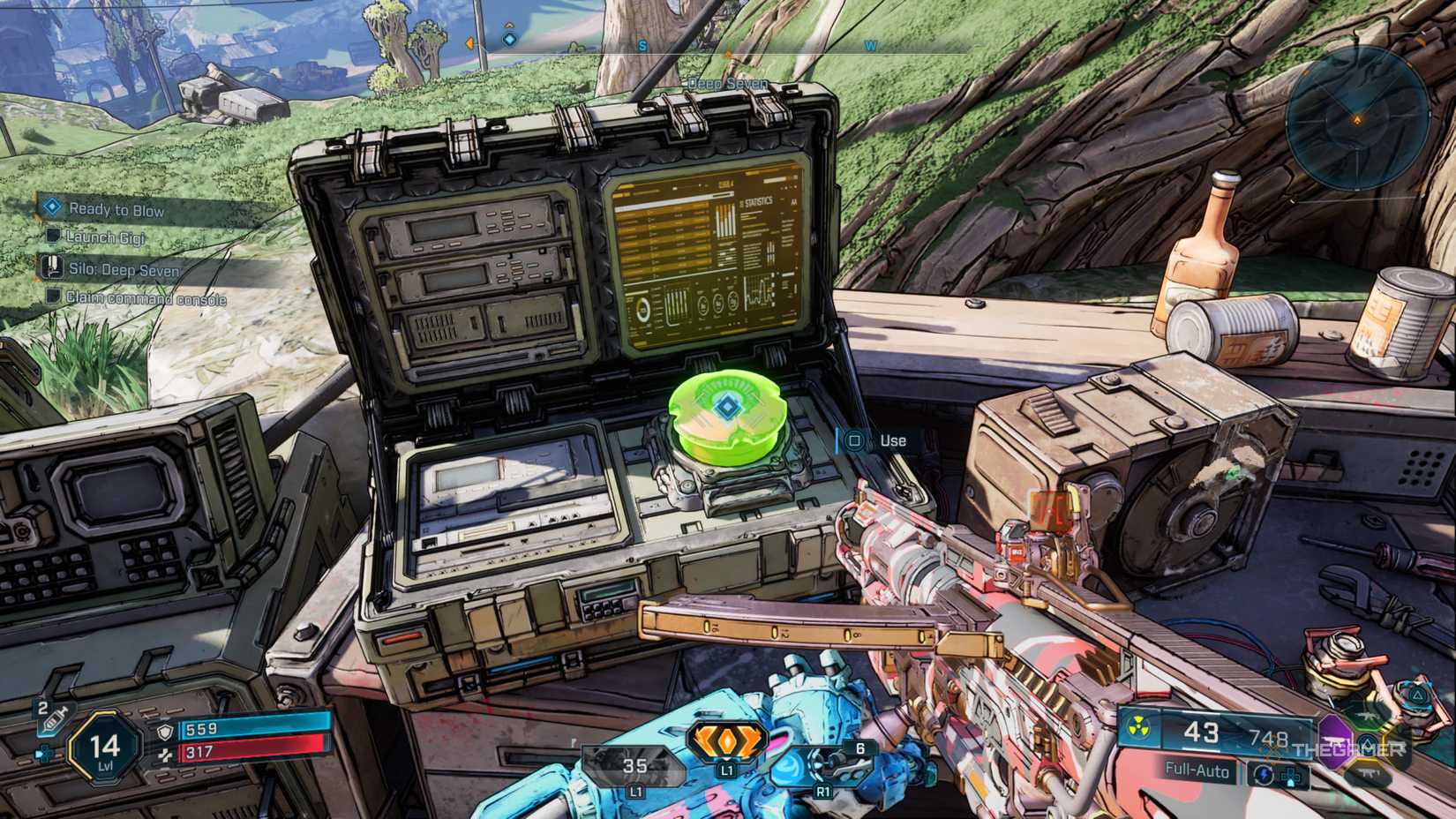 Amon using a missile launch system on a table next to a tree for Gigi in Borderlands 4.
