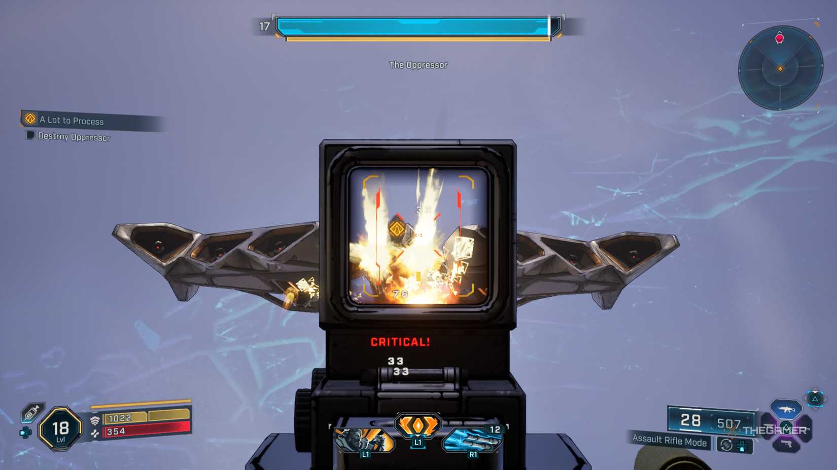 Amon firing at the Oppressor, a large flying enemy, with an assault firing while it hovers above him in Borderlands 4.