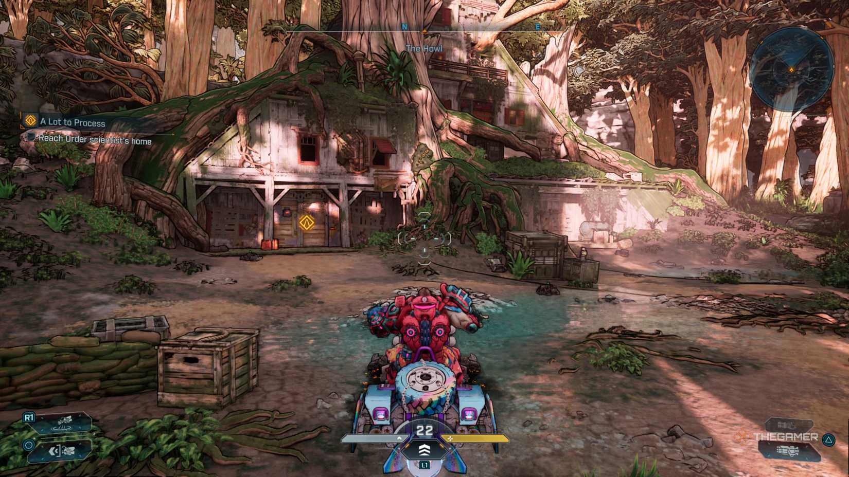 Atom riding a Digistruct vehicle up to Zadra's home in the swamps in Borderlands 4.
