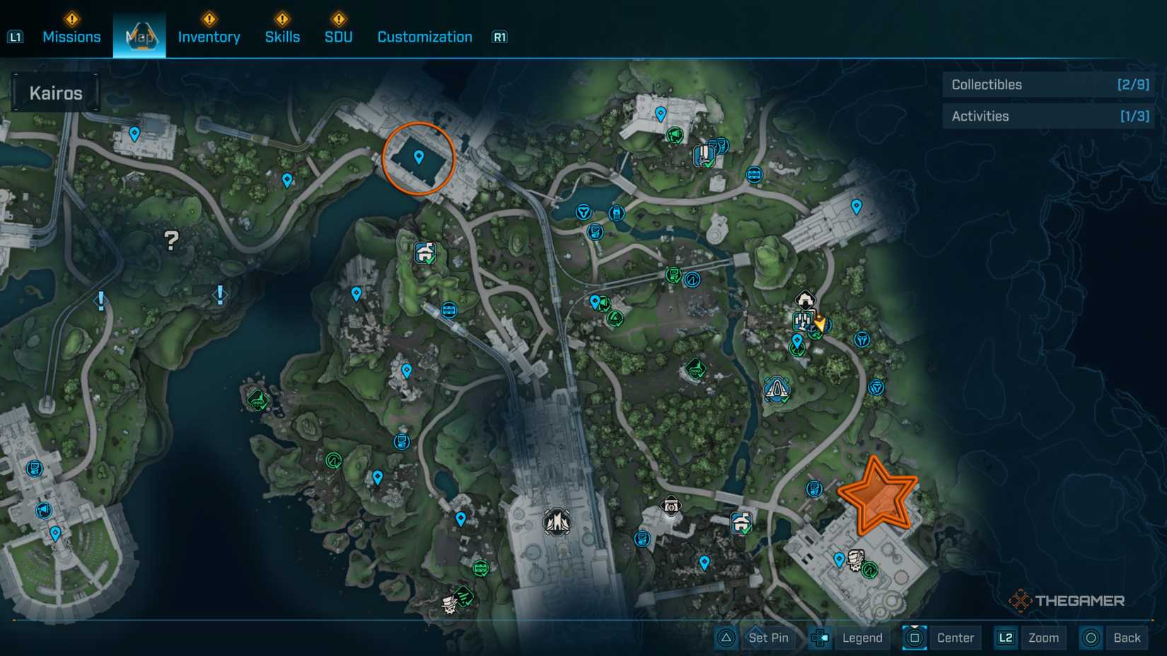 Close up of part of Kairos with an orange circle and an orange star edited onto key mission locations in Borderlands 4.
