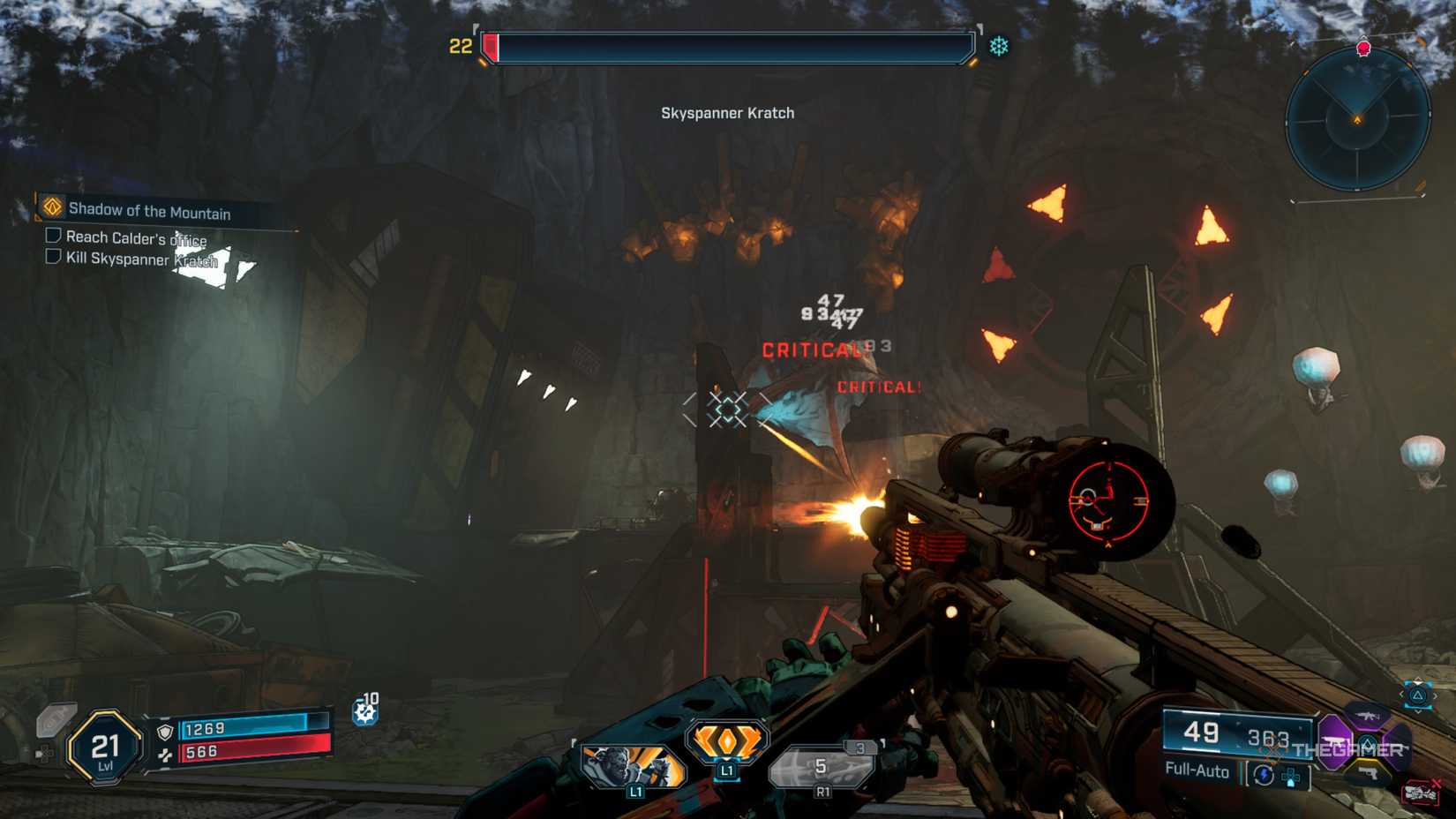 Amon firing at the Skyspanner Kratch as it released explosive Kratches as it flies in a circle in Borderlands 4.