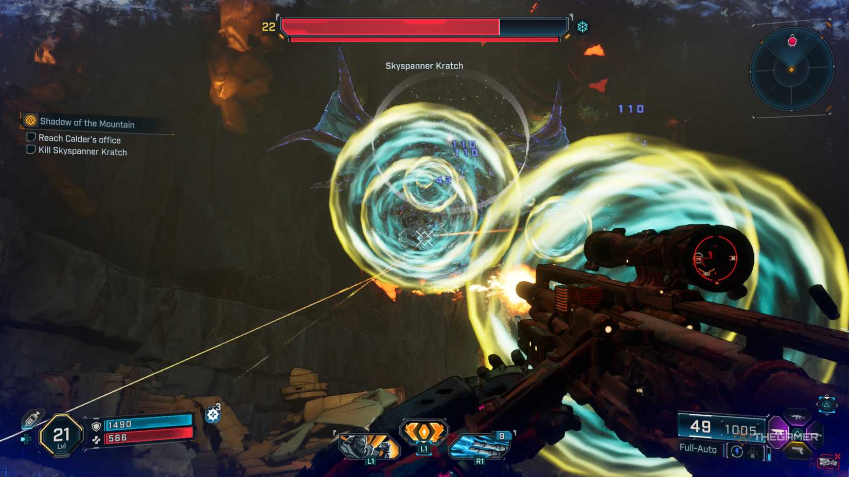 Amon firing at the Skyspanner Kratch boss while it fires circular yellow, blue, and white beams at him in Borderlands 4.