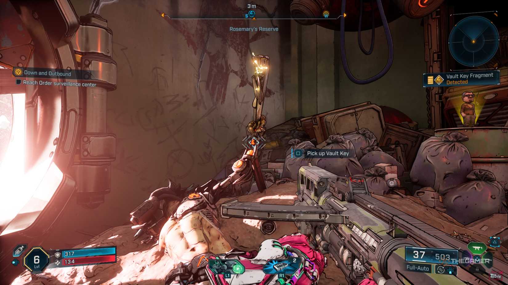 Harlowe standing in front of a Ripper corpse that's holding out a Vault Key Fragment in Borderlands 4.