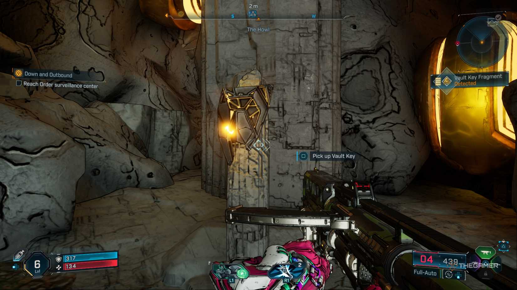 Harlowe standing in front of a Vault Key Fragment attached to a grey rock formation in Borderlands 4.