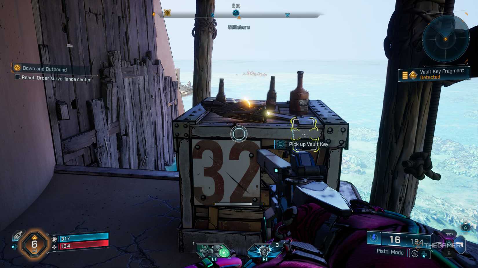 Harlowe standing in front of a crate with a Vault Key Fragment sitting on top of it in Borderlands 4.