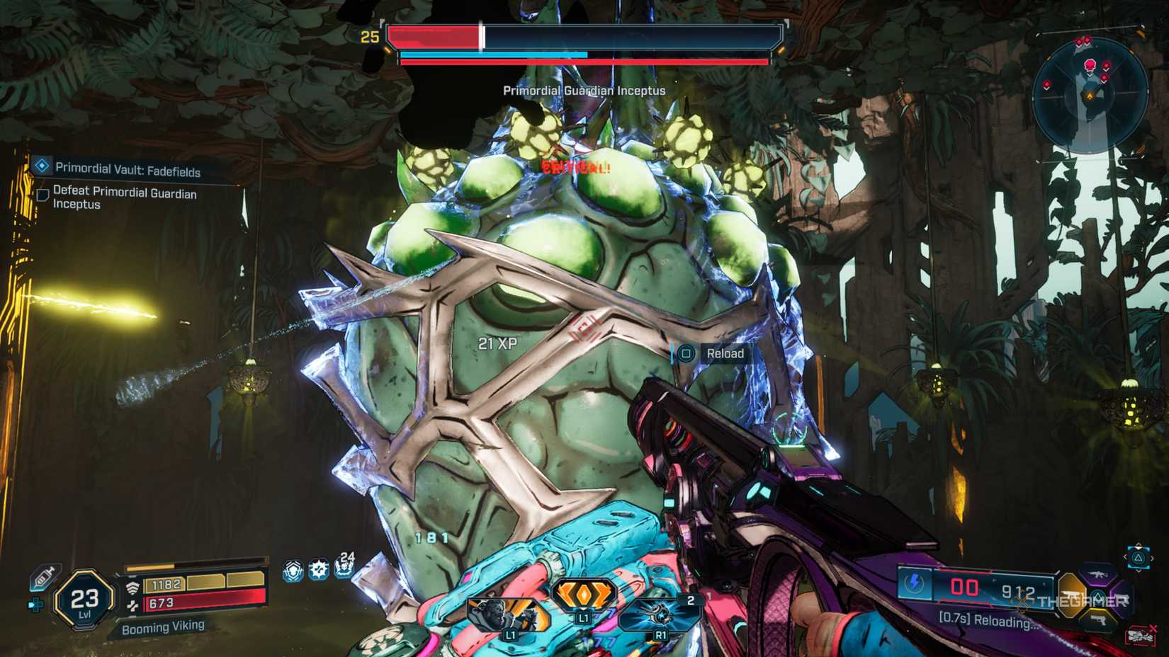 Amon hanging from a pod near the ceiling while shooting at a large cocoon with pustules on it in Borderlands 4.