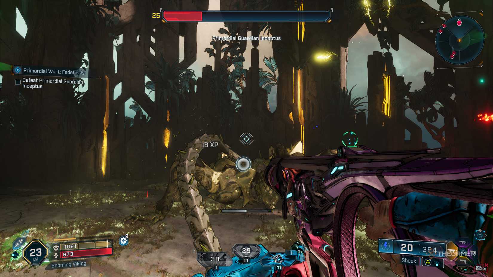Amon jumping away from the Inceptus as it digs its tails in the ground and tries to stab him in Borderlands 4.
