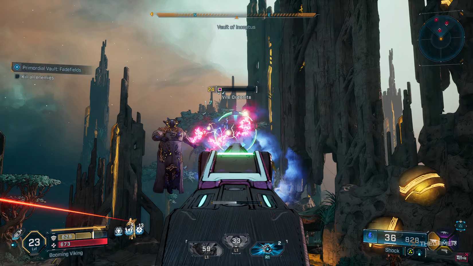Amon firing at the Vile Ordonites floating near the Perturbalon enemy in the Inceptus Vault in Borderlands 4.