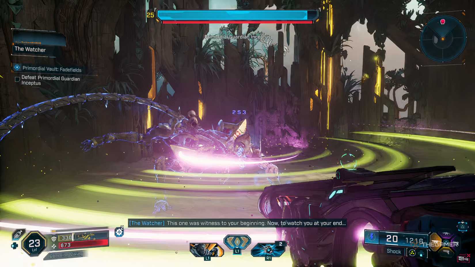 Amon jumping over Inceptus' tail swipe attack at the beginning of the fight in Borderlands 4.
