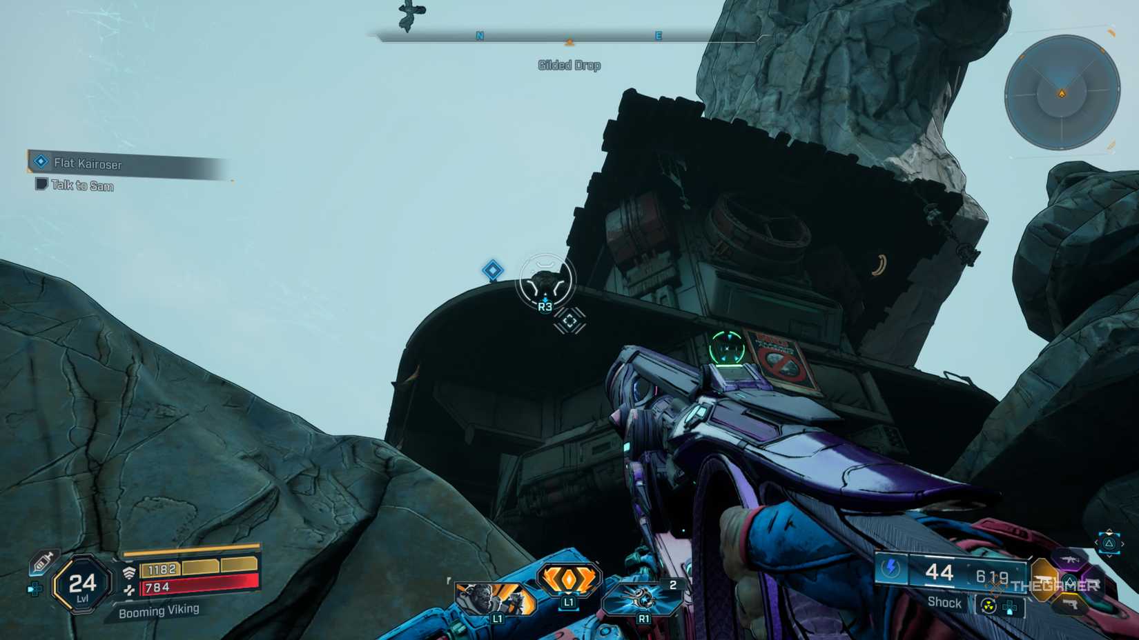 Amon looking up at a grapple point on a building with a flat Kairoser poster on it in Borderlands 4.