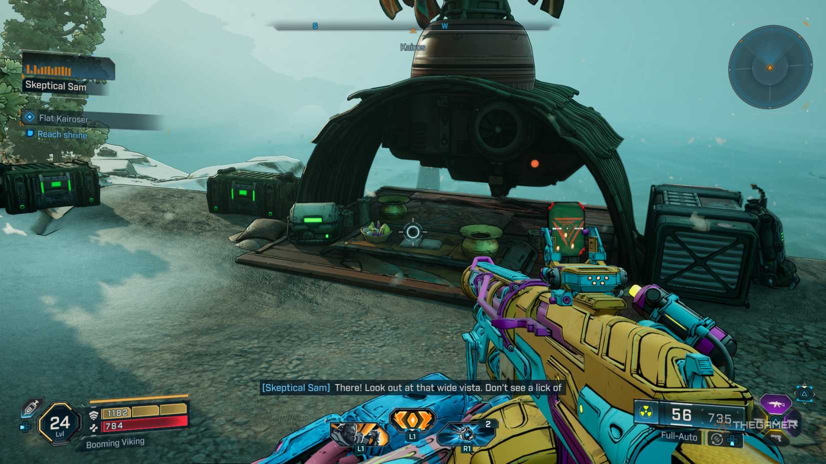 Amon approaching Skeptical Sam's shrine to Flat Kairos on top of a plateau in Borderlands 4.
