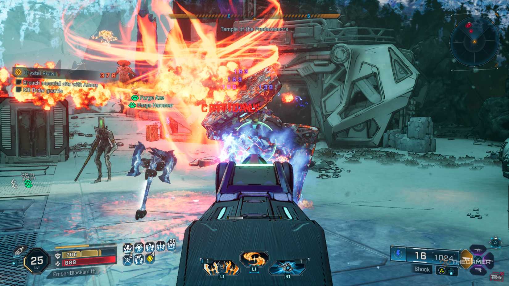 Amon firing on a Hammerhead enemy while a grenade explodes and his forgedrones chase it in Borderlands 4.