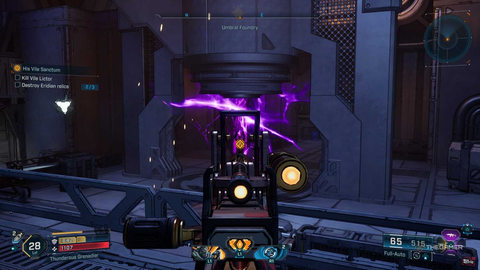 Amon aiming down sights on his gun and firing on an Eridium Relic in Vile Lector's fortress in Borderlands 4.
